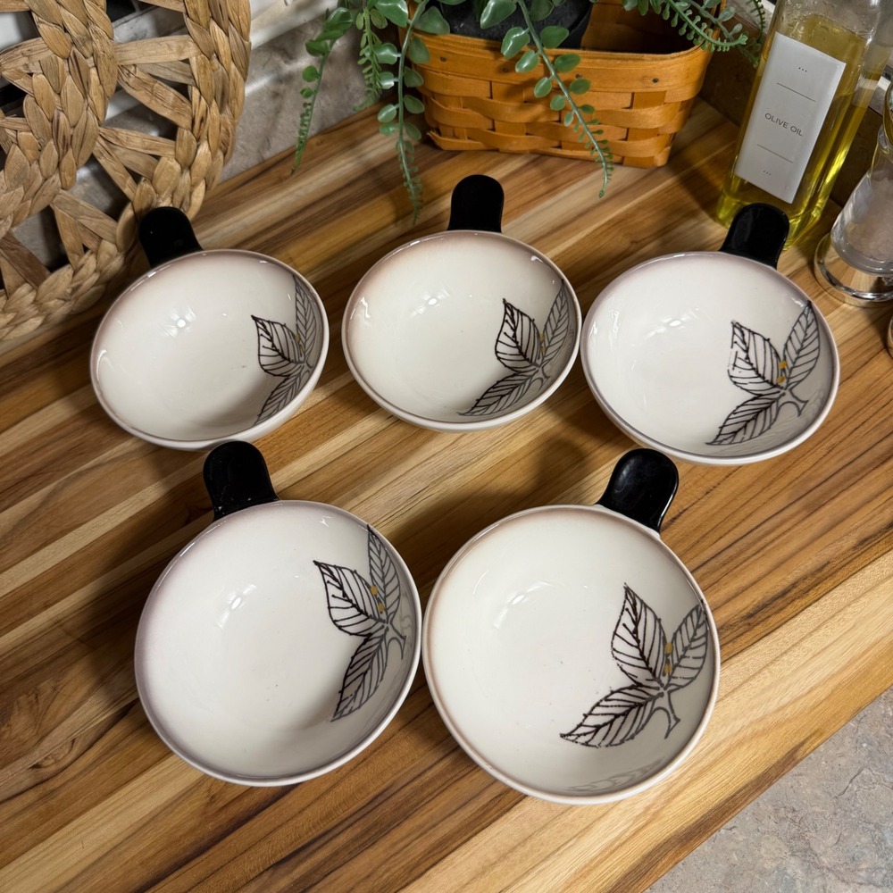 Seyei‎ Japan Ceramic Small Bowls Set of 5 Black Handle Leaf Motif Vintage MCM